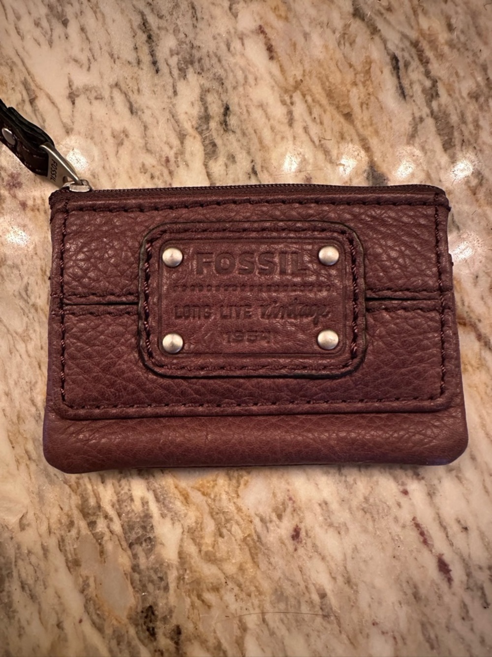 Fossil Burgundy Pebbled Leather Zip Card Wallet